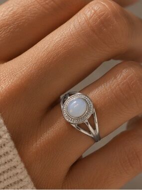 Sterling Silver Moonstone Halo Ring in Opalescent White